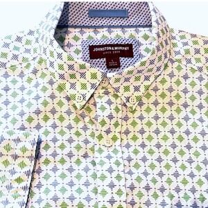 Johnston & Murphy Geometric Diamond Short Sleeve Shirt Mens L Green Blue Cotton